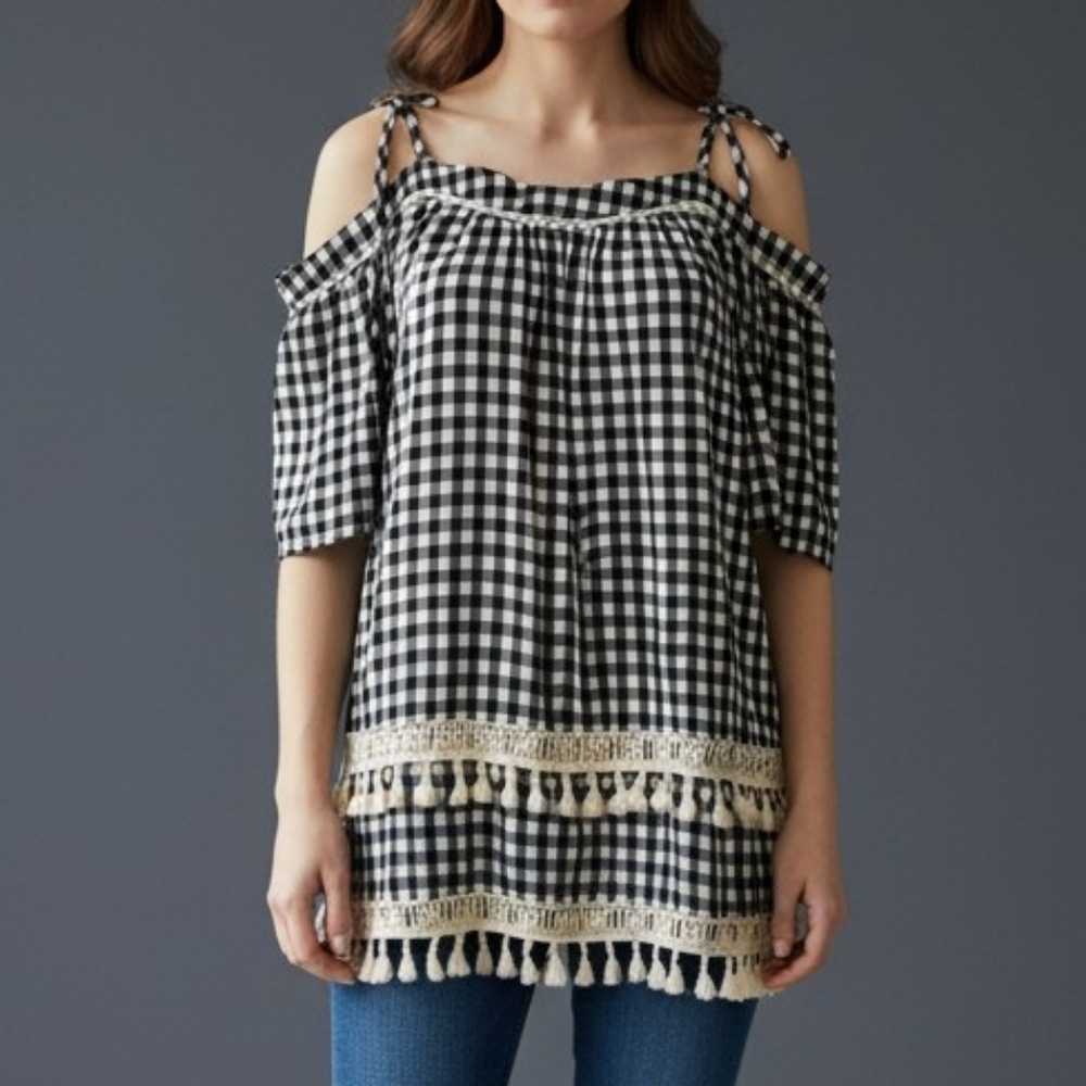 DOE & RAE Black Check Lace Tassel Off Shoulder Bardot Blouse Large